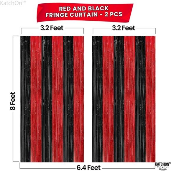 Red and Black Fringe Curtain, Pack of 2 - XtraLarge, 8x6.4 Feet | Red and Black - Picture 4 of 6
